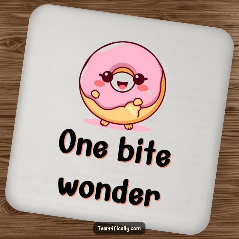Funny proud donut coaster, a giggling donut with a bite missing, looking smug and happy, protecting surfaces with humor.