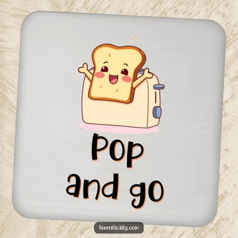 Funny drink coaster with a gleeful toast slice leaping from a toaster, adding a playful and humorous breakfast element to any tabletop.