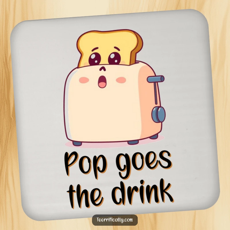 Funny cartoon toast popping out of a toaster, wide-eyed with shock and delight, protective drink coaster, humorous desk accessory.