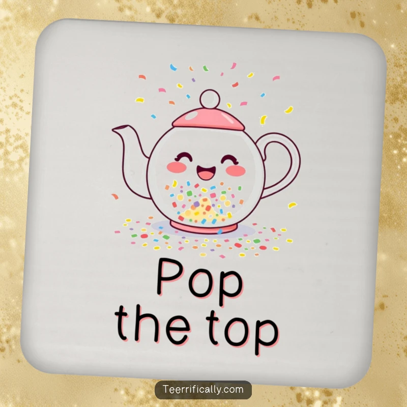 Funny drink coaster with a happy teapot joyfully pouring colorful confetti instead of tea, a festive table protector.