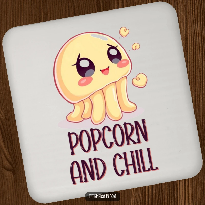 Funny drink coasters featuring a wobbly jelly chasing a popcorn kernel, perfect for protecting surfaces with humorous snack-time flair.