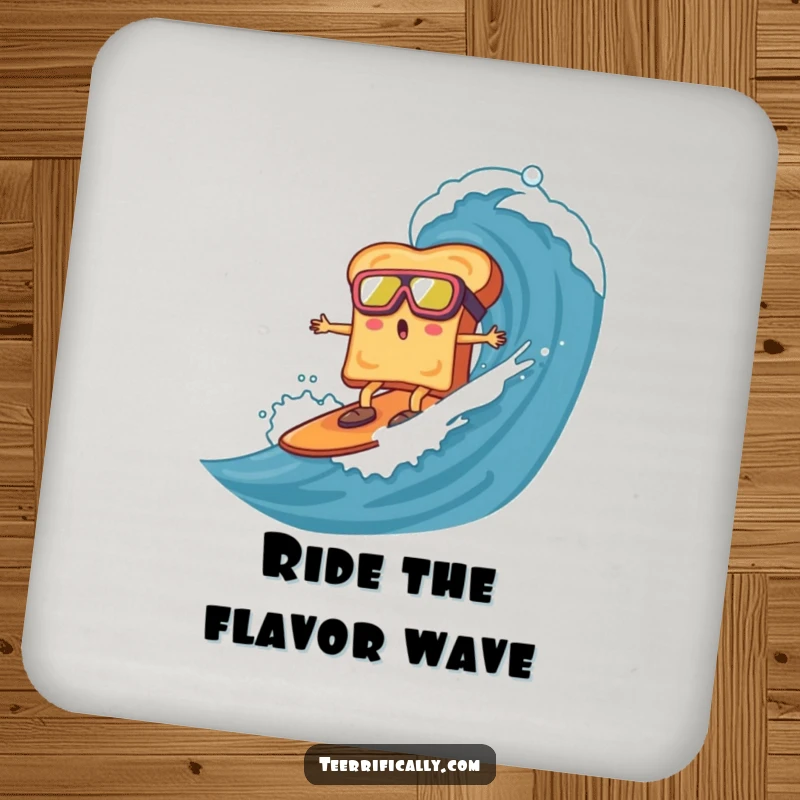Funny toast with goggles, surfing a marmalade wave, on a drink coaster, providing humorous surface protection with breakfast fun.