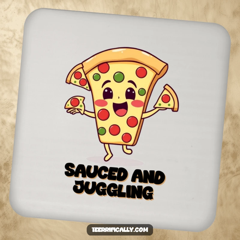 Funny pizza coaster: Happy pizza character juggling three runaway pepperoni slices, a charming funny gift.