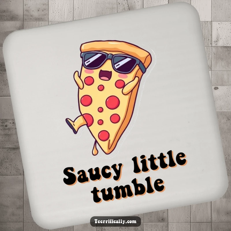 Funny pizza slice wearing sunglasses doing a somersault, drink coaster for a funny gift.