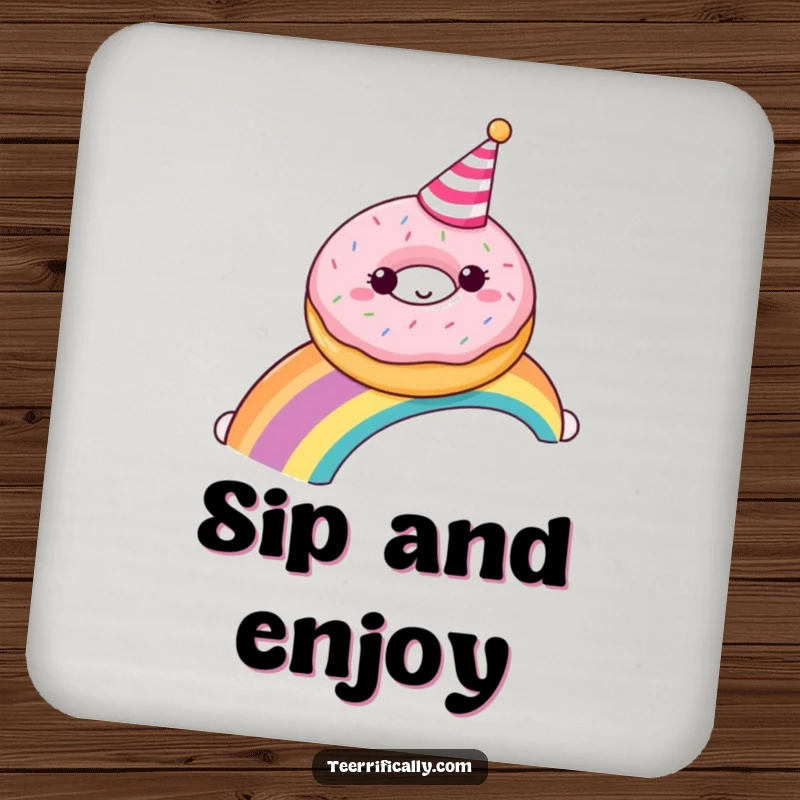 A happy donut with a party hat slides down a rainbow, depicted on a drink coaster for sweet surface protection.