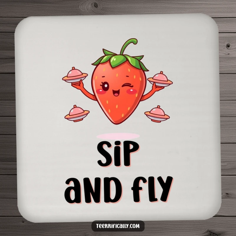 Funny winking strawberry juggling three flying saucers on a drink coaster, offering humorous cosmic protection.