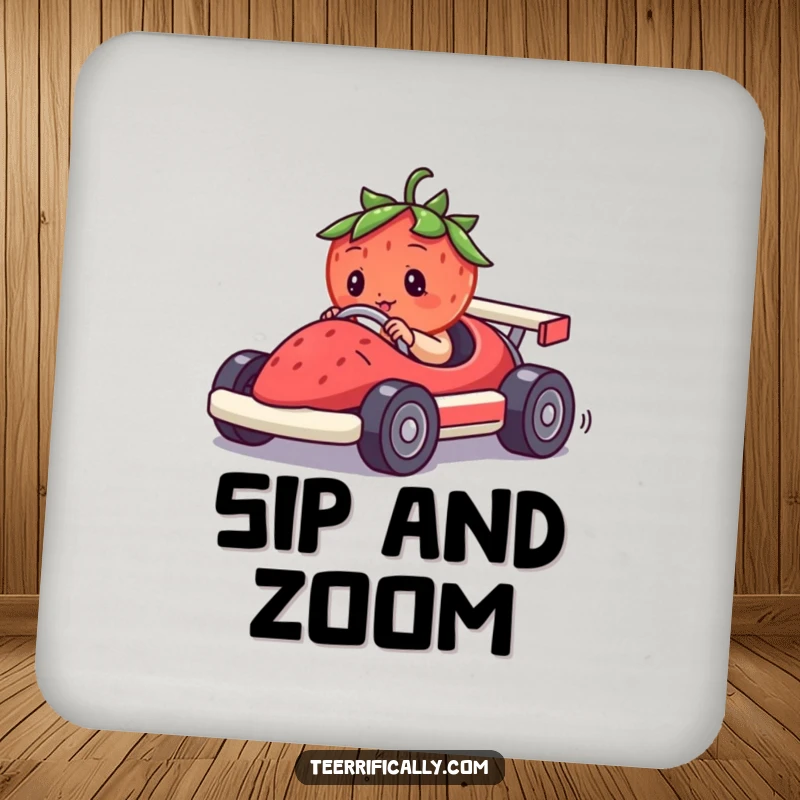 Funny drink coaster depicting a determined strawberry driving a miniature race car made from a berry, adding humor to beverage service.