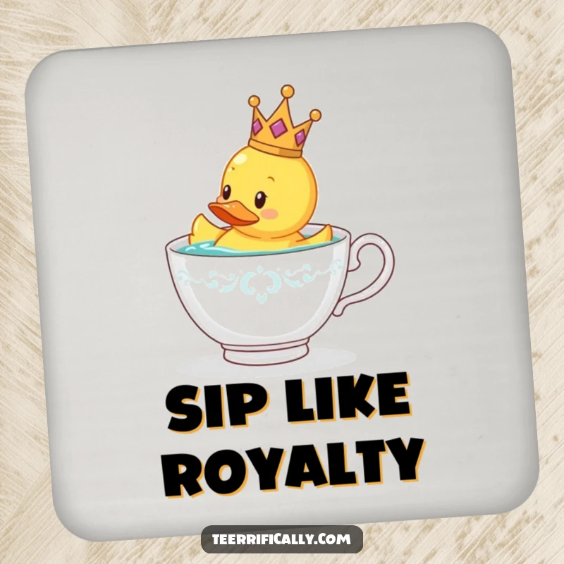 Funny rubber duck wearing a tiny crown floating in a teacup, drink coaster for a funny gift.