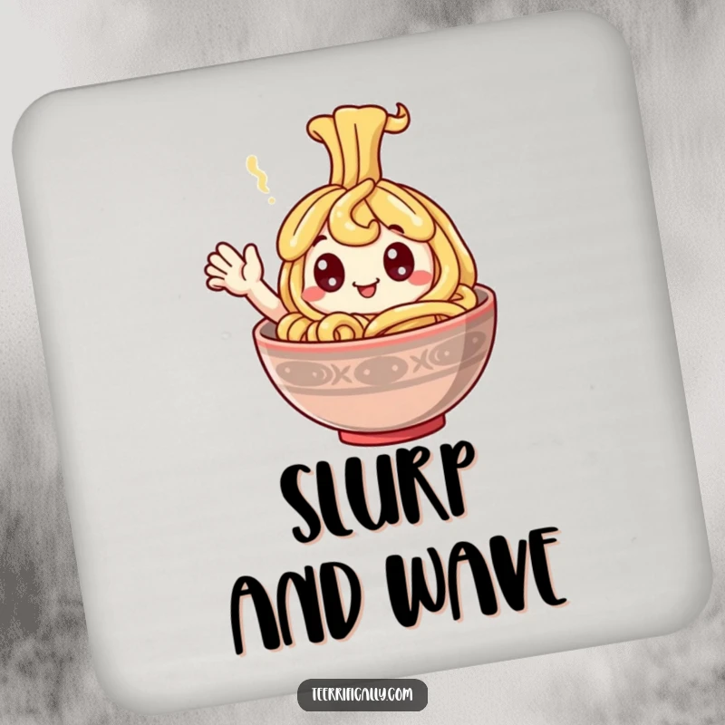 Funny Drink Coaster featuring a happy noodle with googly eyes waving from a steaming bowl, adding humor to drinks.