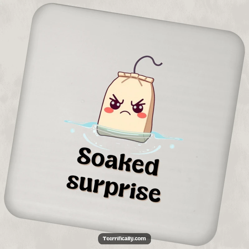 Funny Drink Coaster featuring a grumpy teabag with a surprised expression upon surfacing, adding humor to your drinks.