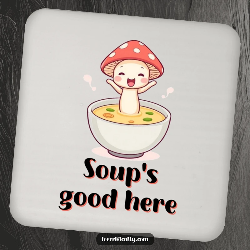 Funny mushroom soup coaster, wearing a hat and jumping into soup, adding whimsical charm to coffee tables.
