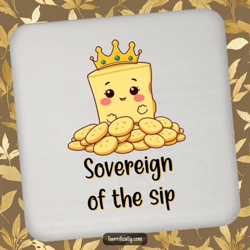 Funny drink coaster showing a proud slice of cheese wearing a tiny crown, regally surveying crackers.