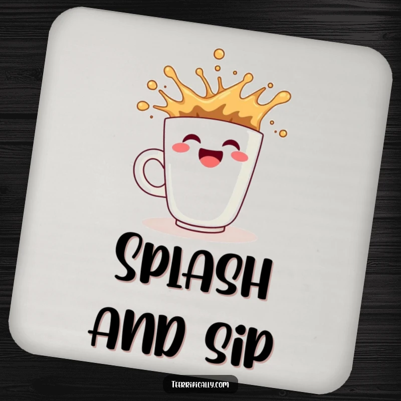 Funny coffee drink coaster depicting a smiling cup splashing enthusiastically, adding energetic joy to any surface.