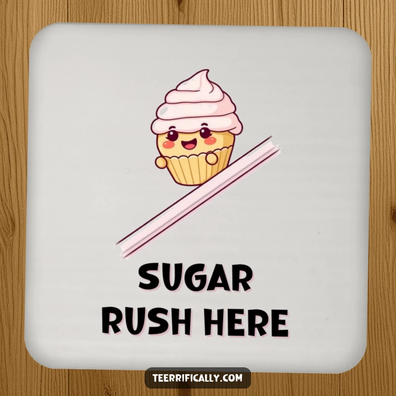 Funny cupcake banister coaster, absorbent coaster with a gleeful cupcake sliding down a railing.