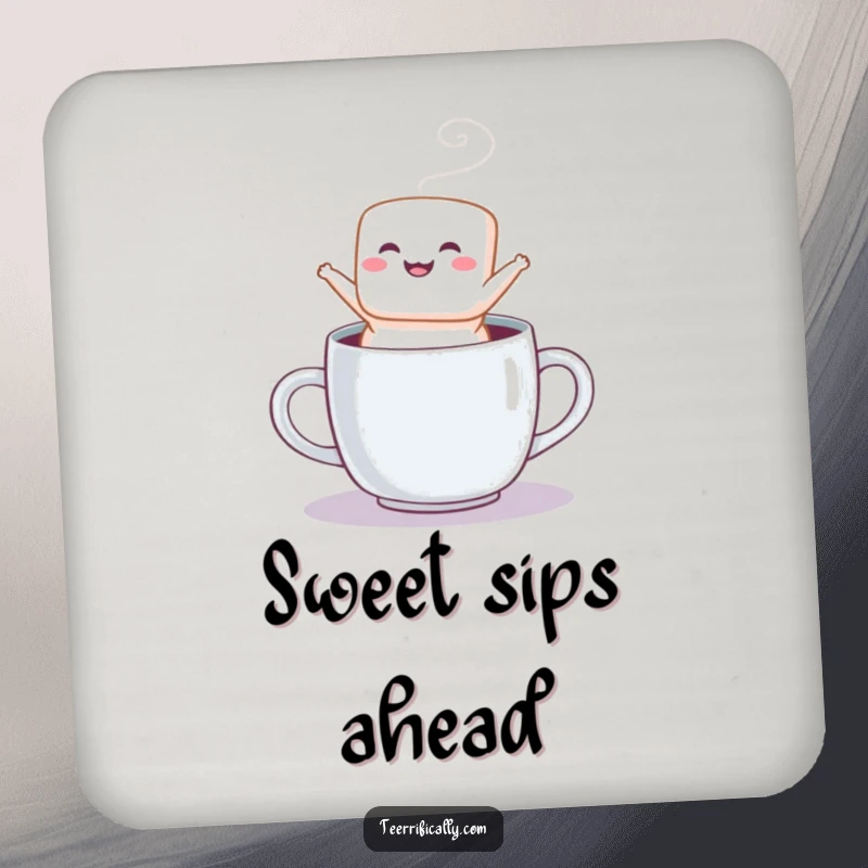 Funny drink coaster with a fluffy marshmallow mid-jump from a mug, bringing a sweet and joyful design.