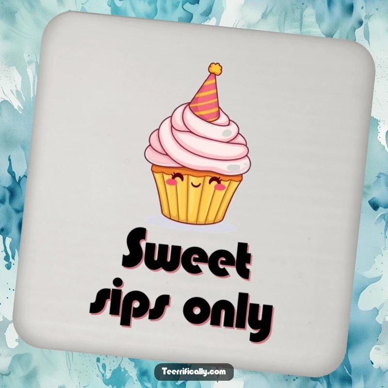 Funny Coasters featuring a proud cupcake character with a party hat and overflowing frosting, adding festive humor.