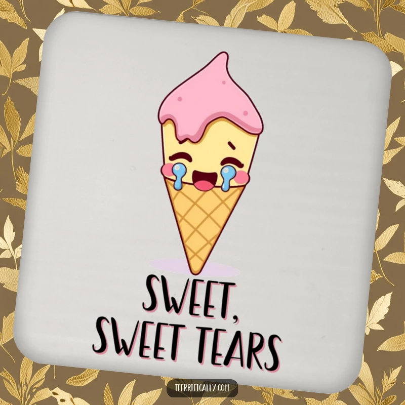Funny melting ice cream cone crying a large tear of joy, protective drink coaster, humorous desk accessory, sweet protection.