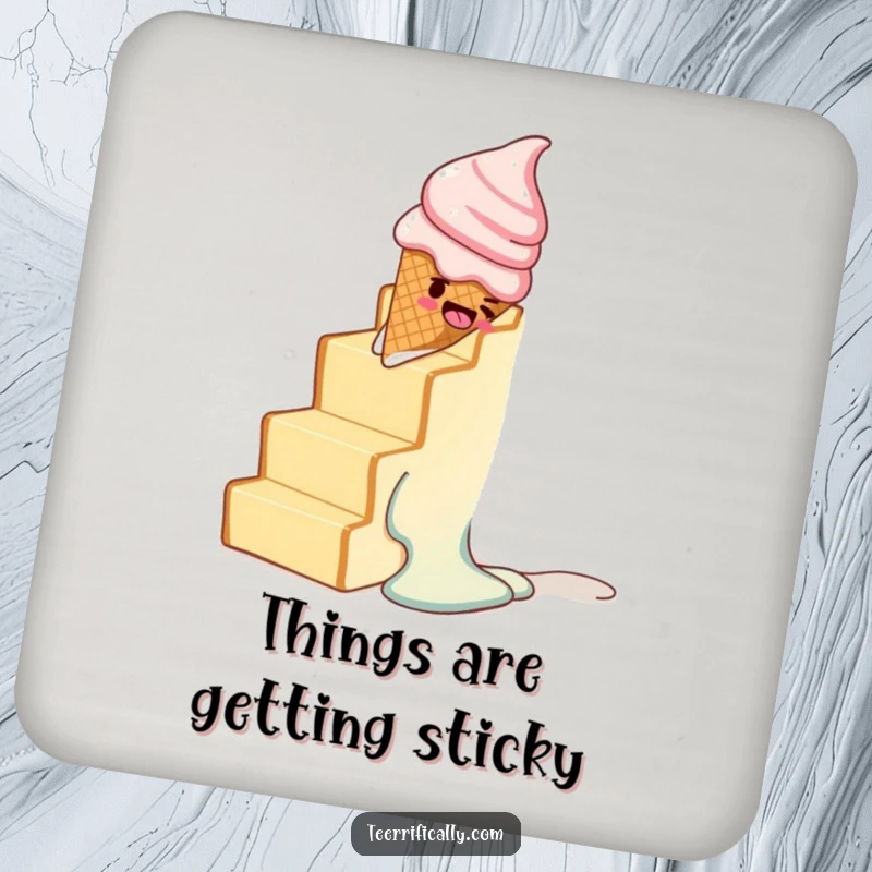 Funny drink coaster showing a melting ice cream cone comically sliding down a staircase made of toast.