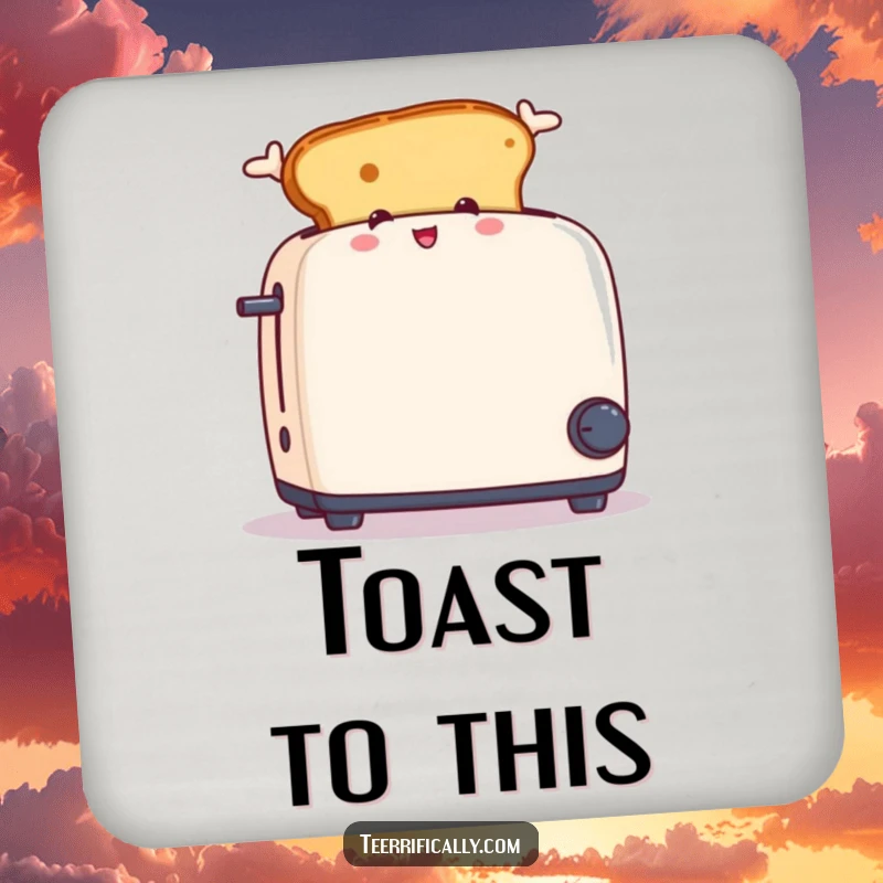 Funny drink coaster showing a piece of toast with ears jumping out of a toaster, protecting surfaces humorously.