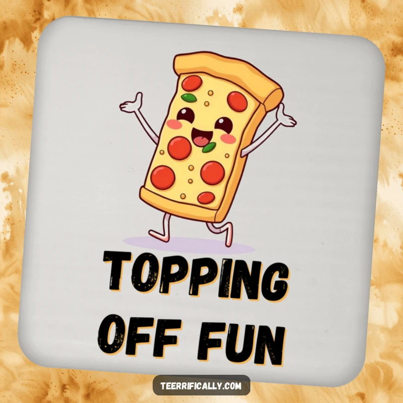 Funny happy pizza slice dancing with pepperoni feet, protective drink coaster, humorous desk accessory, cheesy protection.