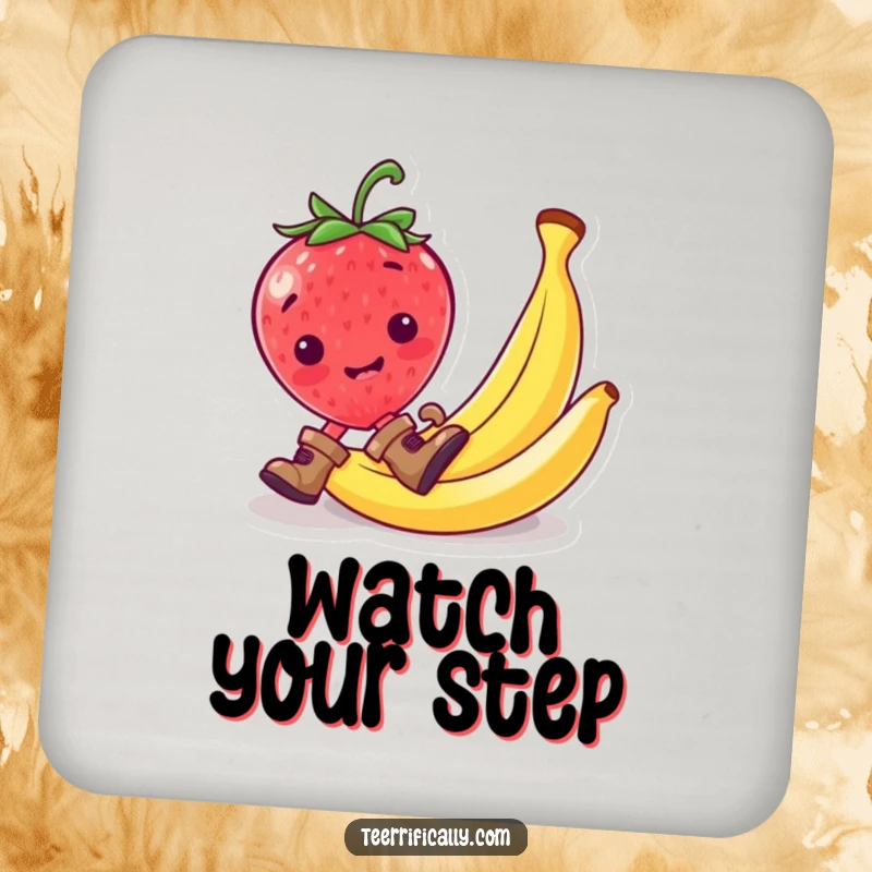 Funny strawberry wearing tiny boots, slipping on a banana peel, featured on a funny drink coaster.