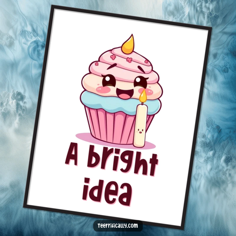 Funny poster depicting a giggling cupcake attempting to eat its own candle, perfect for adding sweet, humorous birthday decor.