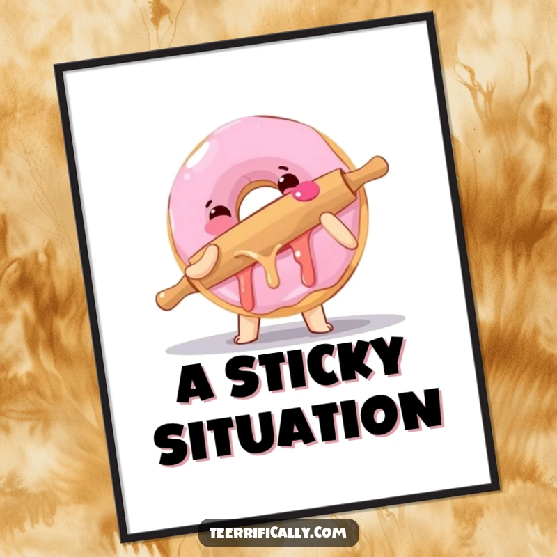 Funny poster illustrating a clumsy donut hugging a rolling pin, perfect for adding sweet, humorous bakery decor.