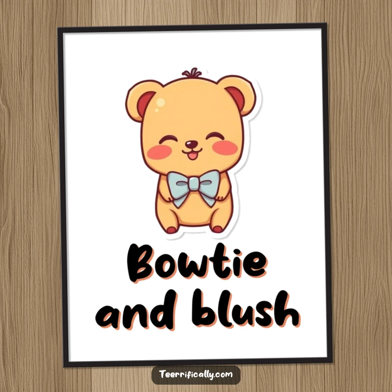 Funny poster showing a shy hot dog character wearing a tiny bowtie and blushing with all its might, adorably charming.