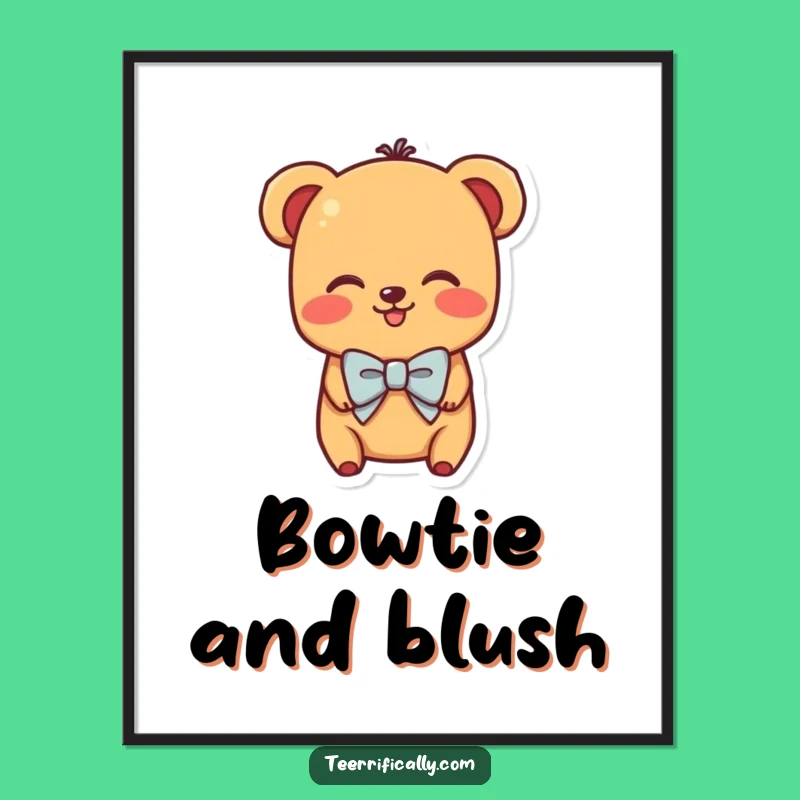 Funny Shy Hot Dog Poster - Whimsical Adorable Character with Bowtie Blushing, Wall Art