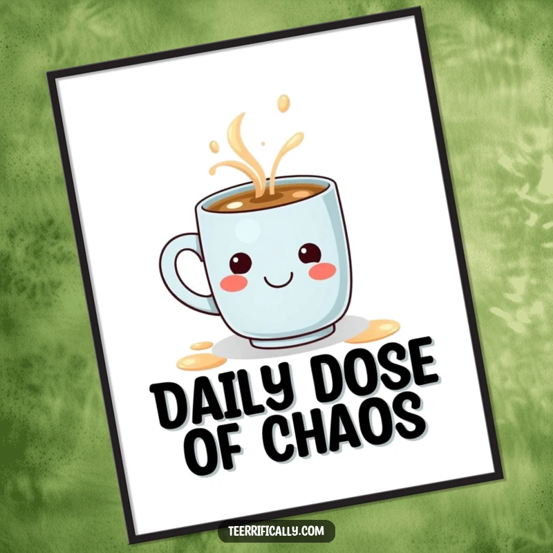 Funny poster displaying a tiny determined coffee mug spilling a steaming latte into a smiley face, perfect for quirky wall decor.