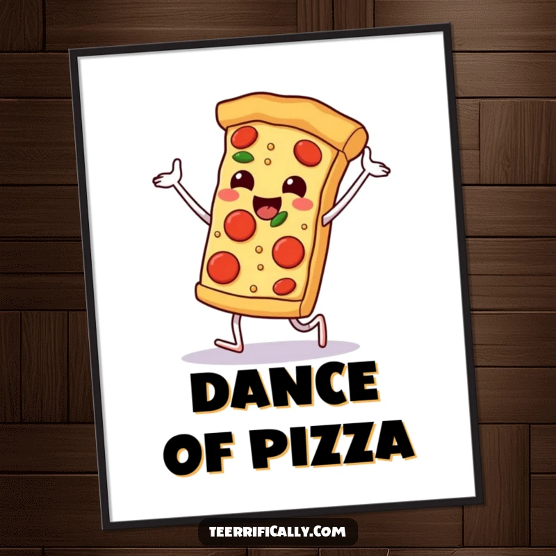 Funny happy pizza slice dancing with pepperoni feet, humorous wall art, food-themed decor, celebrating deliciousness.