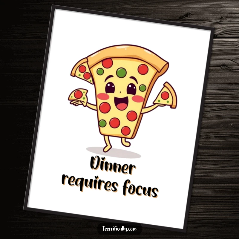 Funny pizza poster: Happy pizza character juggling three runaway pepperoni slices, a hilarious funny gift.