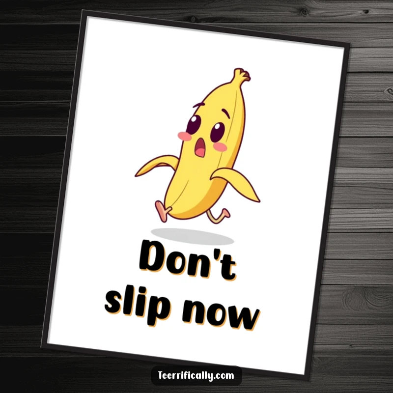 Funny surprised banana with legs running from its peel on a poster, illustrating humorous panic and wall decor.