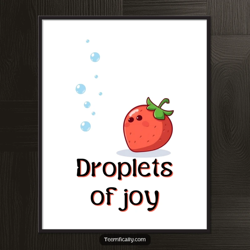 Funny poster print of a cheerful strawberry juggling tiny, sparkling water droplets with great skill and glee.