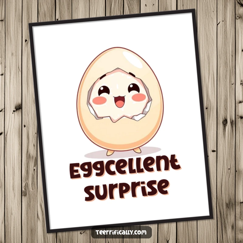 Funny art poster illustrating a cartoon egg cracking itself open with an expression of delighted, happy surprise.