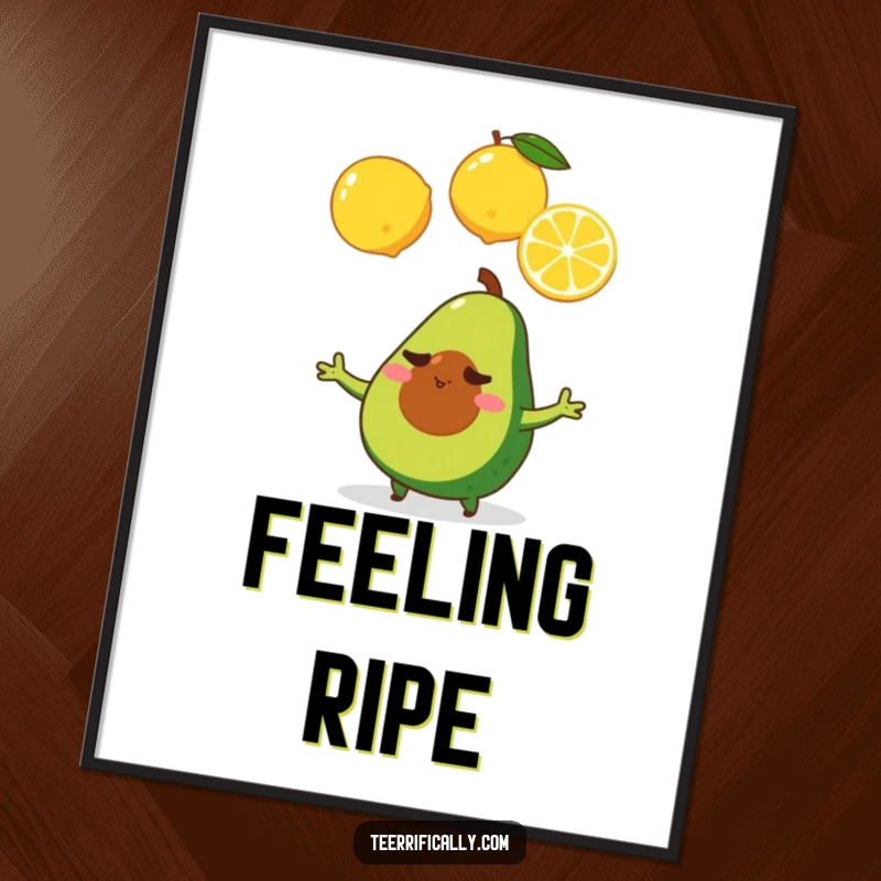A tiny avocado with a determined expression juggles three lemons, depicted as a motivational wall poster.