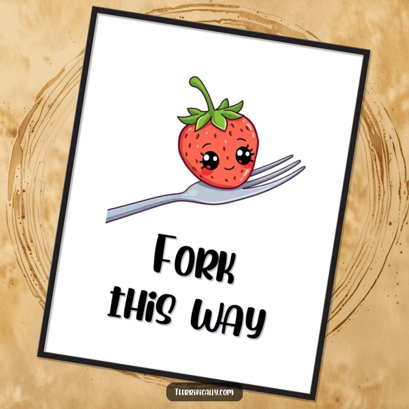Funny strawberry sporting comical googly eyes, precariously balanced on an oversized fork, presented as a vibrant wall poster.