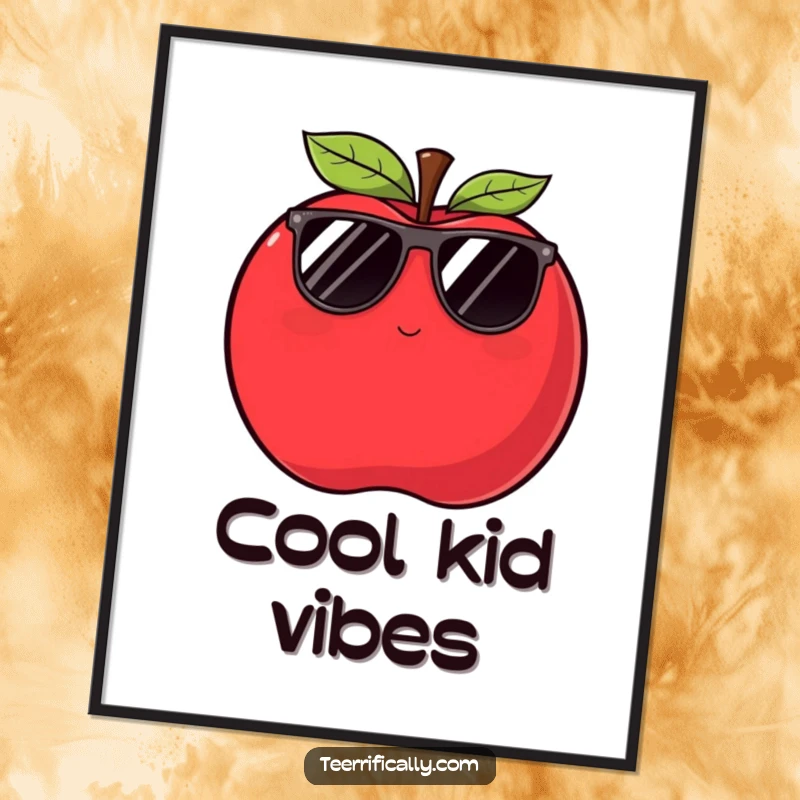 Funny apple poster featuring a plump red apple wearing sunglasses and winking slyly, embodying cool confidence.