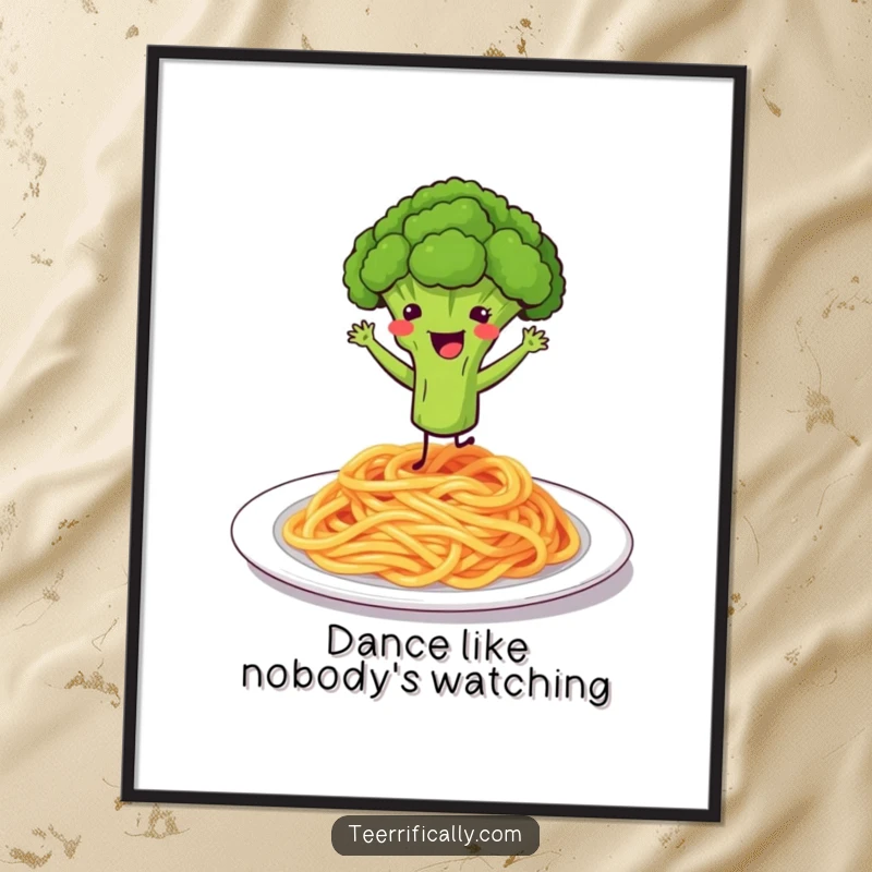 Funny poster depicting a happy broccoli floret dancing enthusiastically on a plate of spaghetti.
