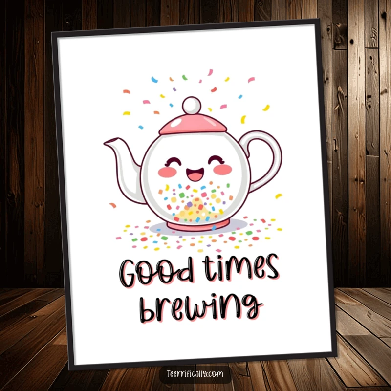 Funny poster of a happy teapot joyfully pouring colorful confetti instead of tea, a vibrant and festive piece of art.