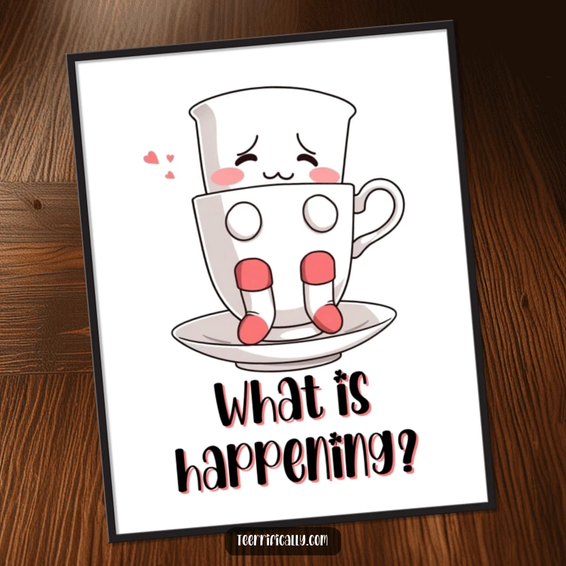 Funny poster of a confused teacup wearing socks, comically trying to float within its own ceramic confines.