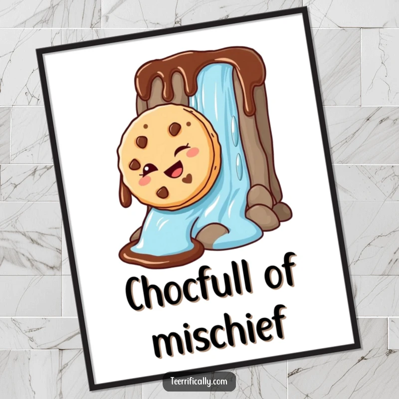 Funny Poster depicting a mischievous cookie winking as it slides down a chocolate sauce waterfall, adding a touch of playful art.