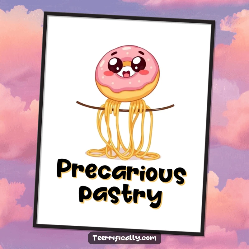 Funny wobbly jelly donut with wide eyes, balancing on spaghetti, featured on a poster, adding humorous food absurdity to any space.
