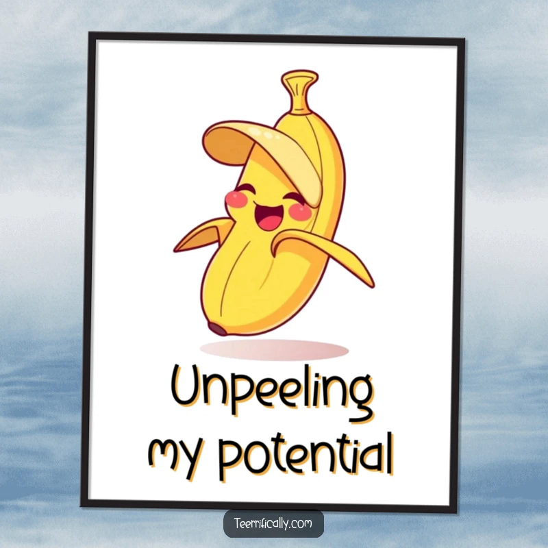 Funny art poster illustrating a banana joyfully peeling itself in a whimsical and unexpected manner.