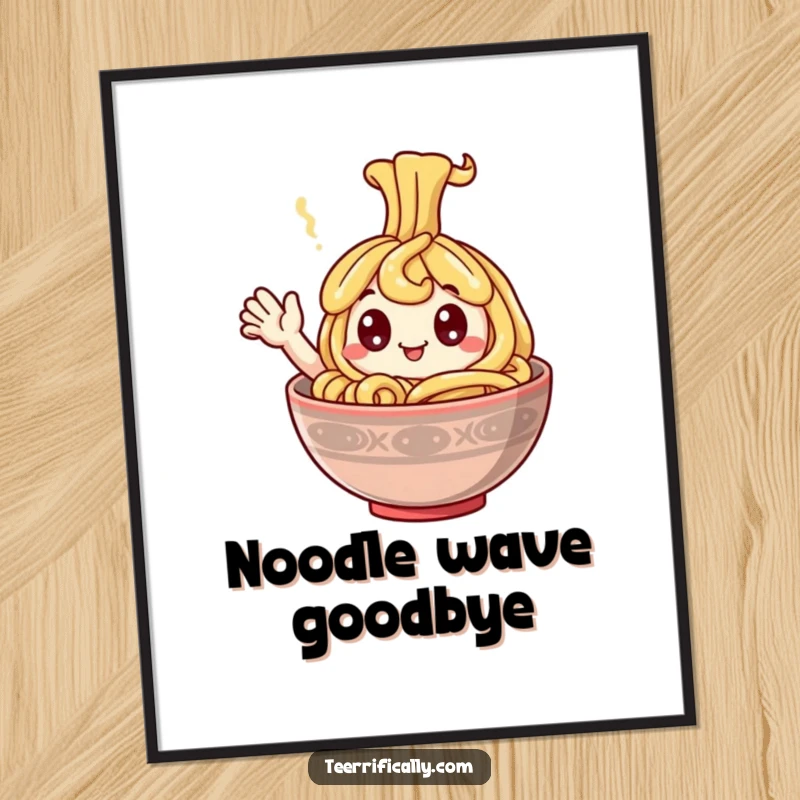 Funny Poster of a happy noodle with googly eyes, waving from a steaming bowl, radiating pure joy and fun.