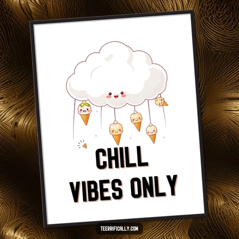 Funny poster art of a happy cloud raining tiny ice creams, bringing cheerful and sweet decor.