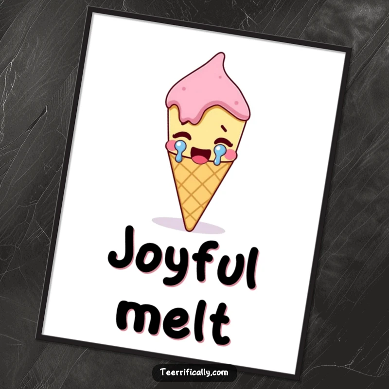 Funny melting ice cream cone shedding a single large tear of joy, humorous wall art, dessert-themed decor, celebrating happiness.