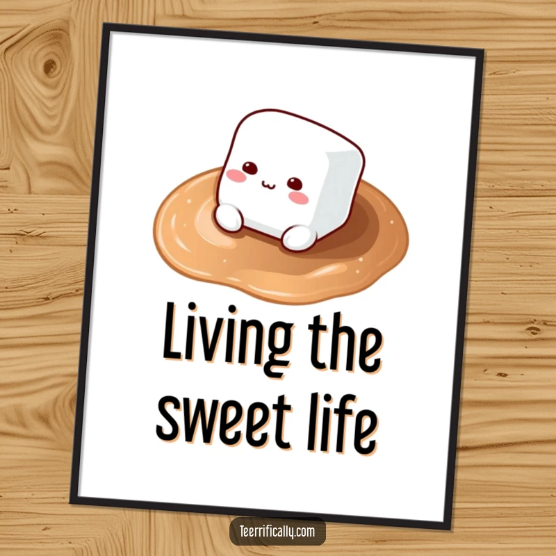 Funny Marshmallow Poster: A fluffy marshmallow floats serenely on a warm sea of hot cocoa, bringing a sense of peace.