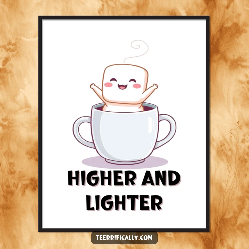 Funny poster print of a fluffy marshmallow jumping out of a steaming mug, conveying pure joy and sweetness.