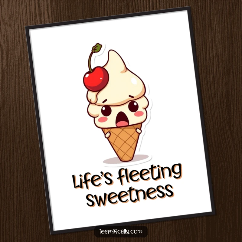 Funny ice cream poster: Surprised ice cream cone character with a melting cherry on its head, a hilarious funny gift.